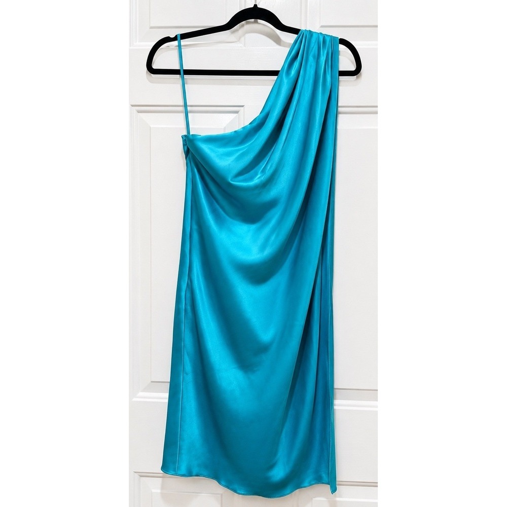 Vince Camuto Womens Size 2 Turquoise Satin One Shoulder Draped Cocktail Dress